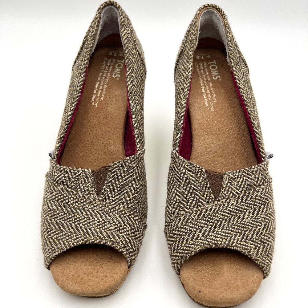 TOMS Stella Calypso Brown Metallic Herringbone Tweed Peep Toe Cork Wedge…
